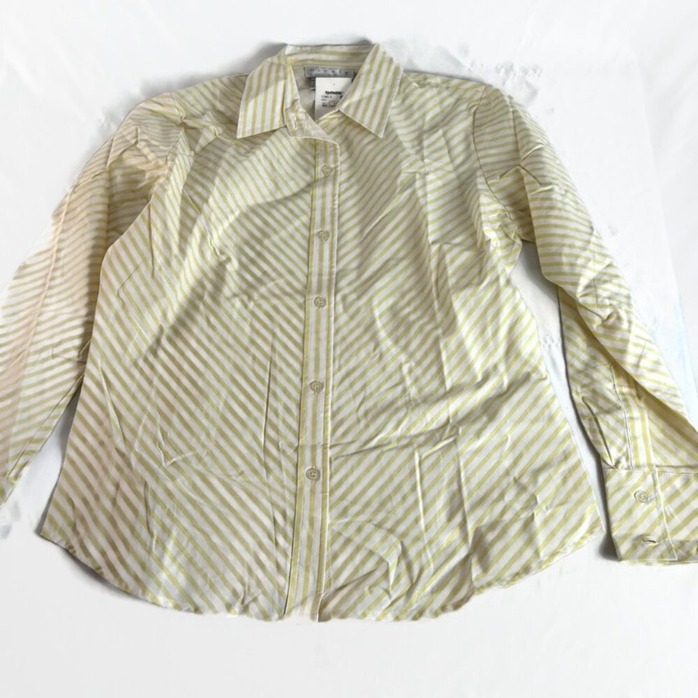 Ninety Yellow White Blouse Stretch Button Front Womens  Large Striped NWOT